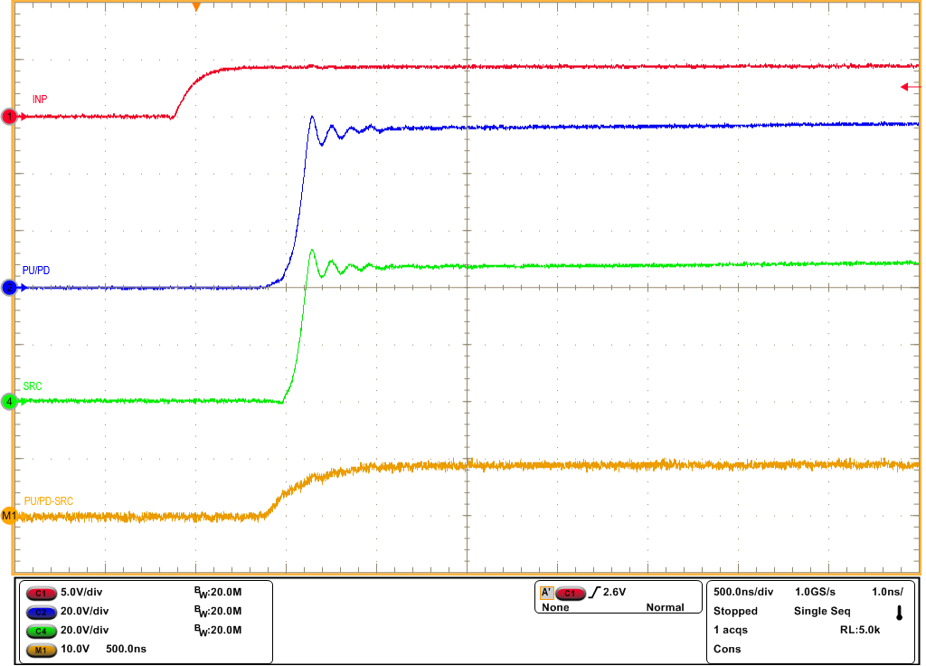 TPS4810-Q1 Turn-ON Response of TPS48100-Q1 for INP1 ->
            LOW to HIGH and CBST = 470nF