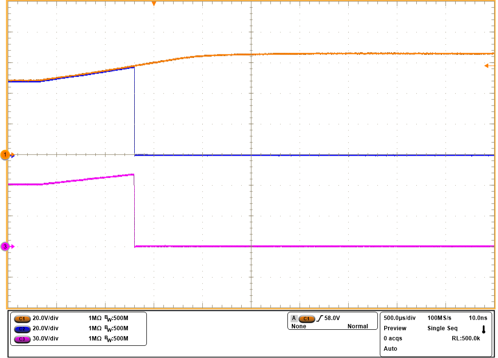 TPS4800-Q1 Overvoltage Cutoff Response of TPS48000-Q1 at 58V Level