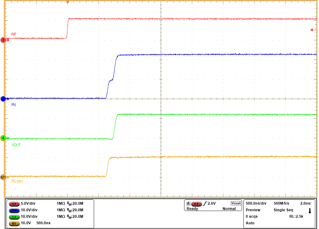 TPS1200-Q1 Turn-ON Response of TPS12000-Q1 for INP -> LOW to HIGH and CBST = 470nF