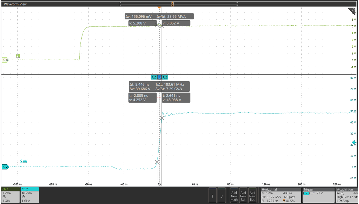 LMG3100R017 LMG3100R044 SW
                        Node Behavior Showing the Dead Time and Rise Time for RBST = 3 Ω
                        in a buck configuration