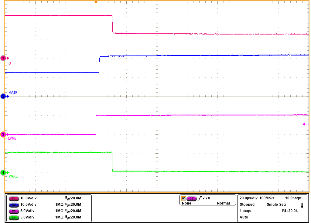 TPS1214-Q1 State Transition From LPM
                        to Active Mode (LPM = Low to High, VIN = 12V, No
                        Load)