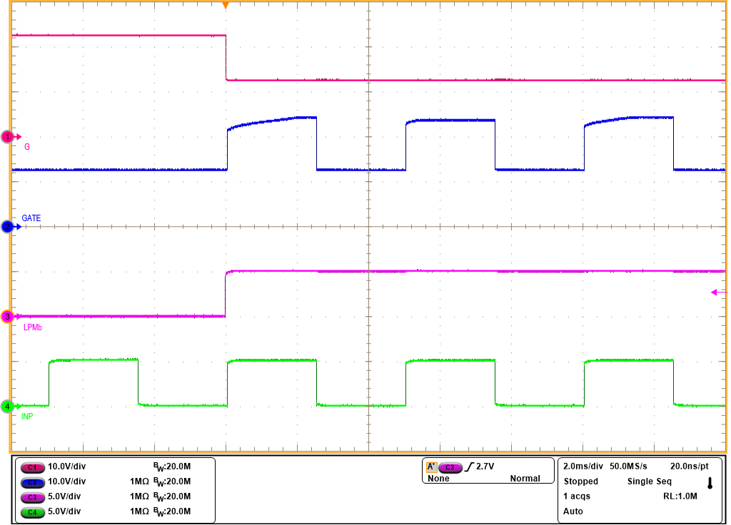 TPS1214-Q1 With
                            LPM = Low to High, INP Gained Control on GATE (VIN
                        = 12V, No Load)