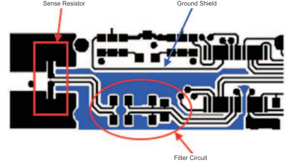 BQ41Z50 Sense Resistor, Ground Shield, and Filter Circuit Layout
