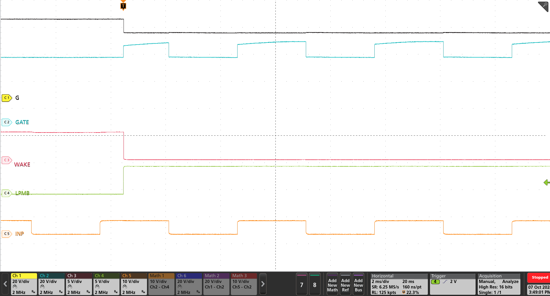 TPS4812-Q1 With LPM = Low to High, INP Gained Control on GATE (VIN = 48V, No Load)