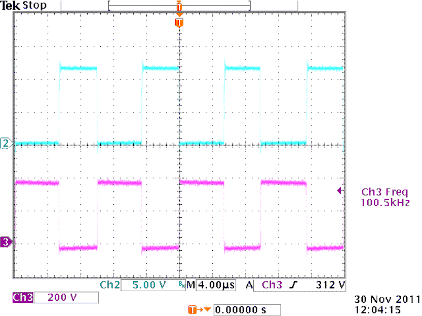  UCD3138PFCEVM-026 MOSFET VGS (top) and VDS