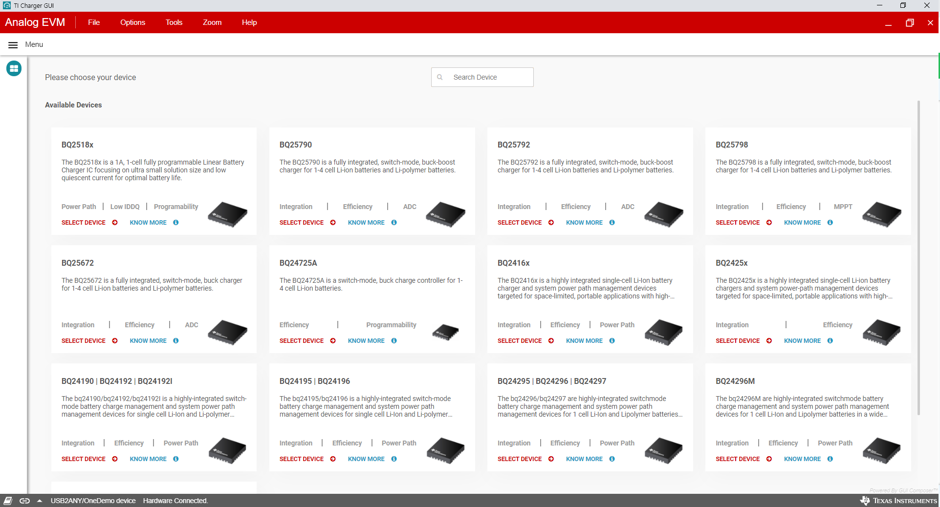 BQ25188EVM TI Charger GUI Device Selection