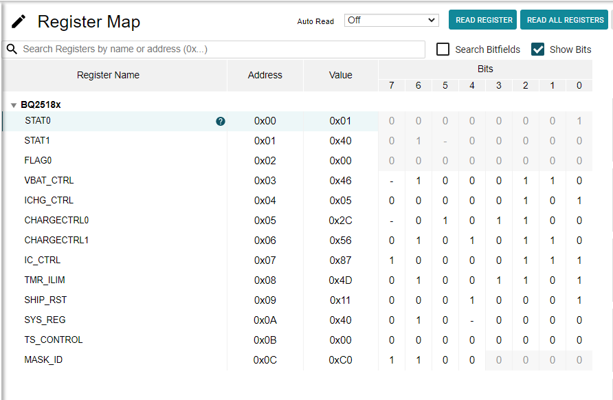 BQ25188EVM Register Map