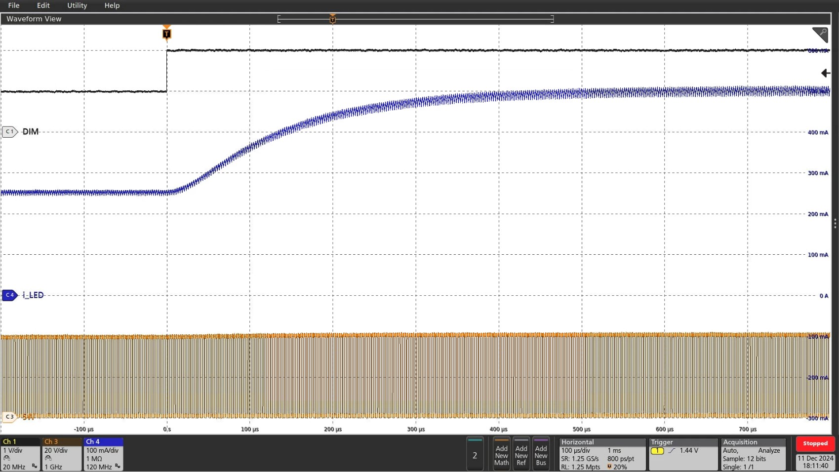 TPS923650 TPS923651 LED current and SW waveform of TPS923650D2DRLREVM when DIM voltage transitions from 1VDC to 2VDC