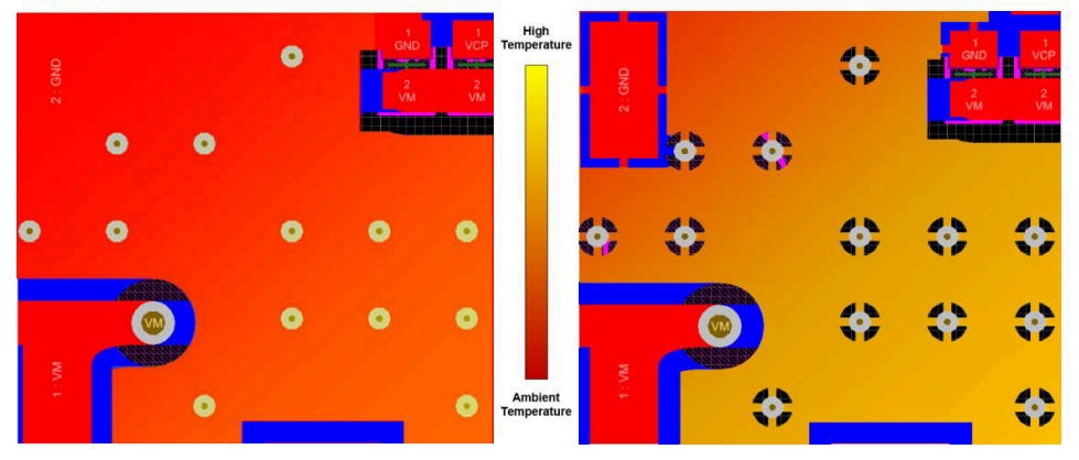 DRV88XX Thermal Relief vs
                    Direct-Connect Heat Map