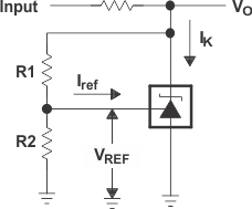 TLVH431 TLVH431A TLVH431B TLVH432 TLVH432A TLVH432B Test
                        Circuit for VKA > VREF, VO =
                            VKA = VREF  × (1 + R1/R2) + Iref  ×
                        R1