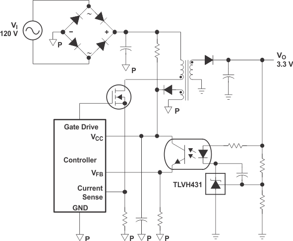 TLVH431 TLVH431A TLVH431B TLVH432 TLVH432A TLVH432B Flyback With Isolation Using TLVH431 or TLVH432 as Voltage Reference and Error Amplifier
