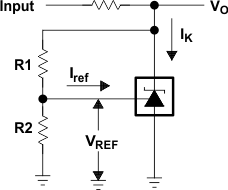 TLV431A-Q1 TLV431B-Q1 Test
                        Circuit for VKA > VREF, VO =
                            VKA = VREF × (1 + R1/R2) + Iref × R1xxxxxxxxx
