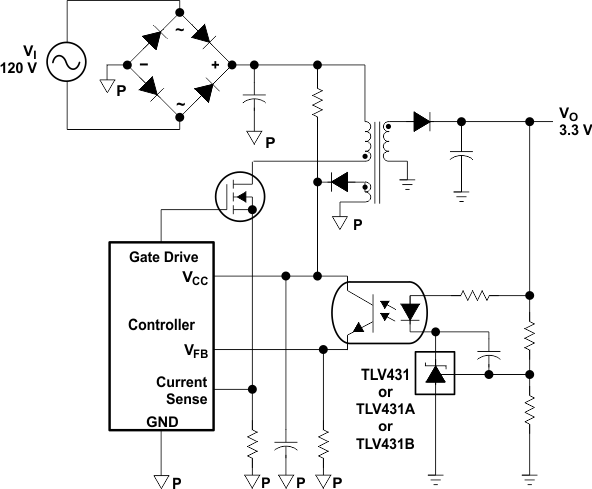 TLV431A-Q1 TLV431B-Q1 Flyback With Isolation Using TLV431, TLV431A, or TLV431B  as Voltage Reference and Error Amplifier