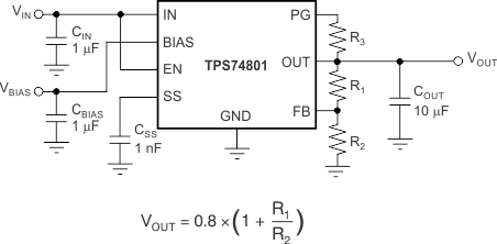 TPS74801-Q1 Typical Application
                    Circuit for the TPS74801-Q1 (Adjustable)