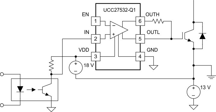 UCC27532-Q1 Driving IGBT With 13-V Negative Turnoff Bias Schematic