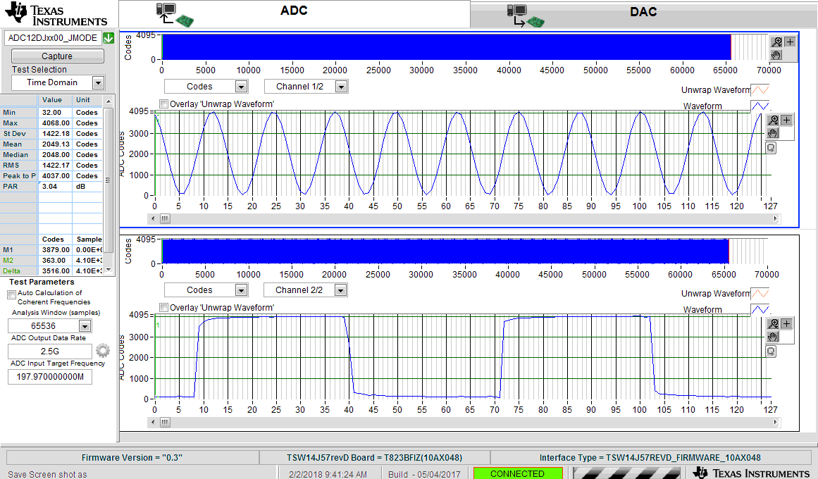 ADC12DJ5200RF 200-MHz, Sine-Wave (Channel A) and 40-MHz, Square-Wave (Channel B) Time Domain for 5-GSPS, Single-Channel Oscilloscope