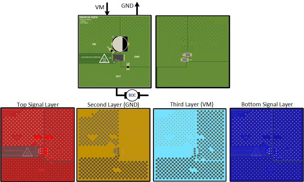 DRV8143-Q1 Layout example: 4cm x 4 cm x 1.6mm, 4 layer PCB