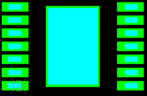 DRV81004-Q1 PWP0014L on another SO-14 PCB Pad, Light blue: TI PWP0014L leads, Green: Other SO-14 PCB Pad