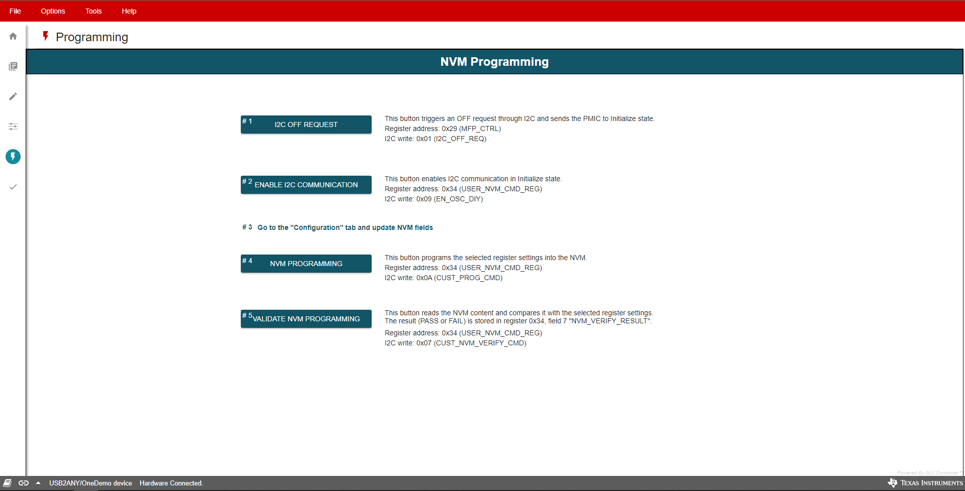 TPS65219 TPS65219EVM NVM Programming Page