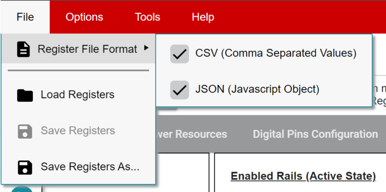 TPS65219 TPS65219EVM Save/Load Register
                    Options