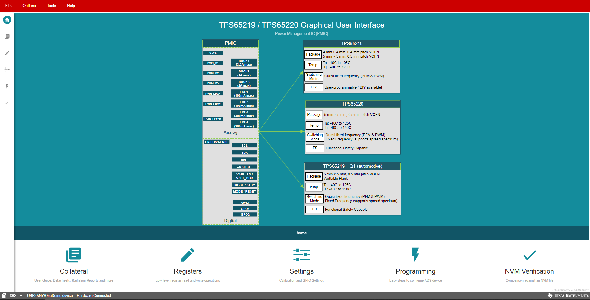 TPS65219 TPS65219EVM GUI Home Page