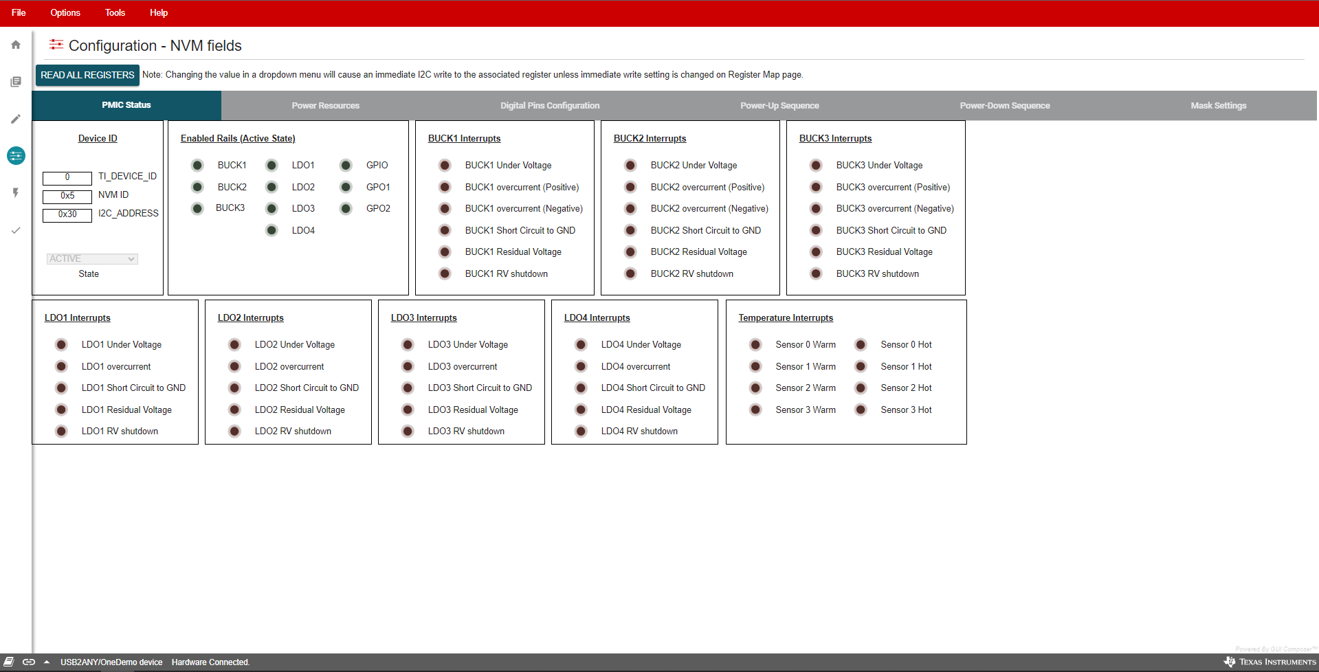 TPS65219 TPS65219EVM NVM Configuration Page