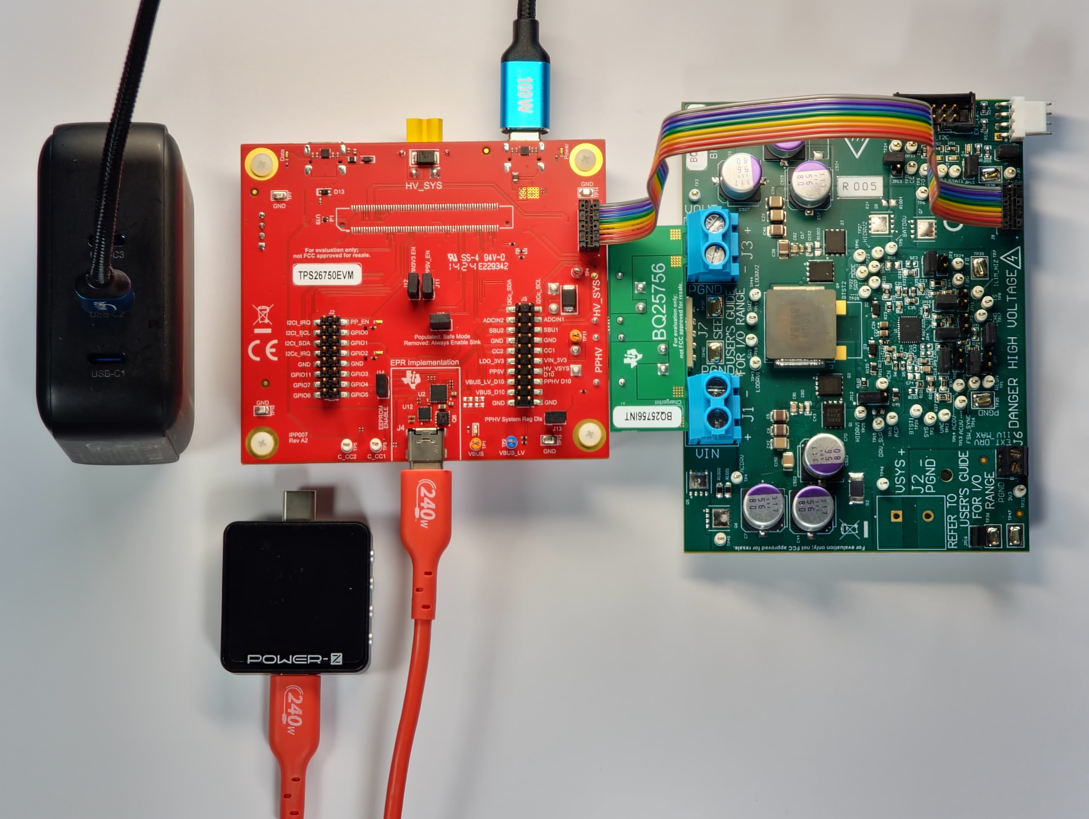 TPS26750EVM Testing Setup Utilizing the Power-Z to
          Test Source PDOs of TPS26750EVM