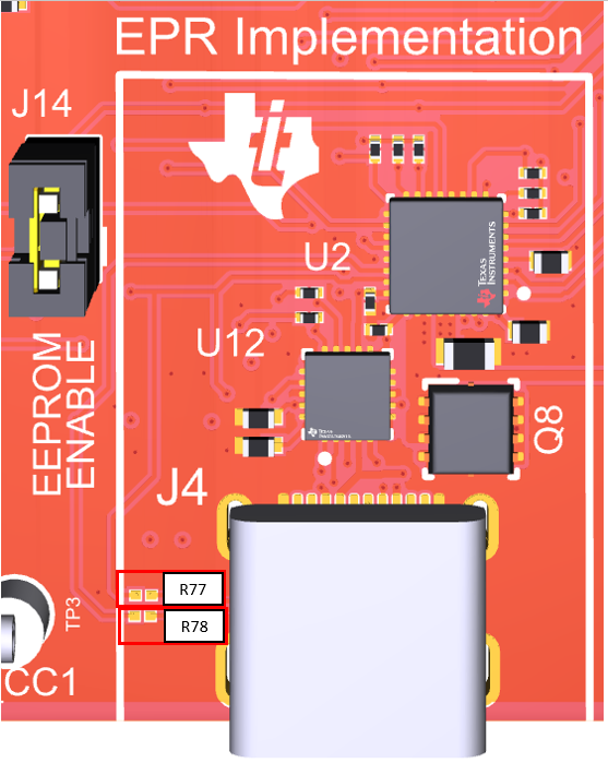 TPS26750EVM Resistor 77 and 78
                    Location