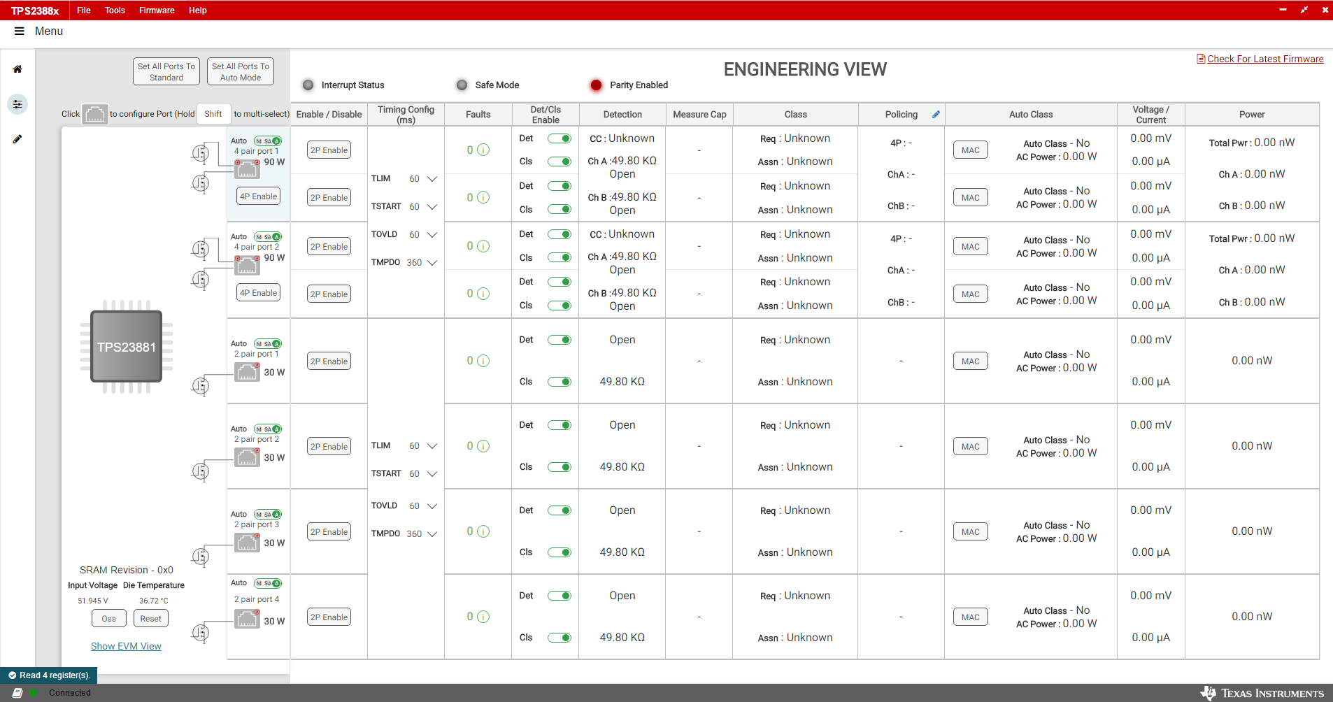 TPS23881B1EVM Device
                    Configuration and Port Telemetry Page