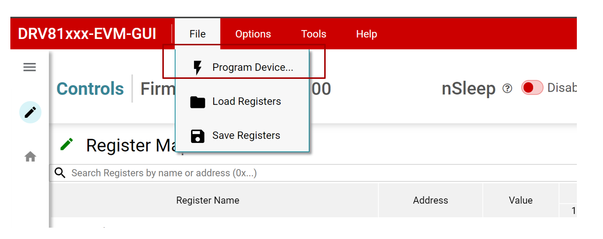 DRV81008-Q1EVM, DRV81602-Q1EVM, DRV81242-Q1EVM,  Program Device