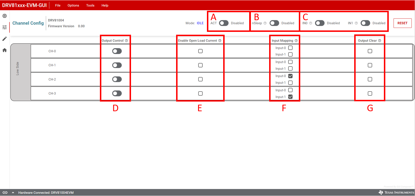 DRV81008-Q1EVM, DRV81602-Q1EVM, DRV81242-Q1EVM,  DRV81004-Q1 GUI Channel
                    Configuration Page