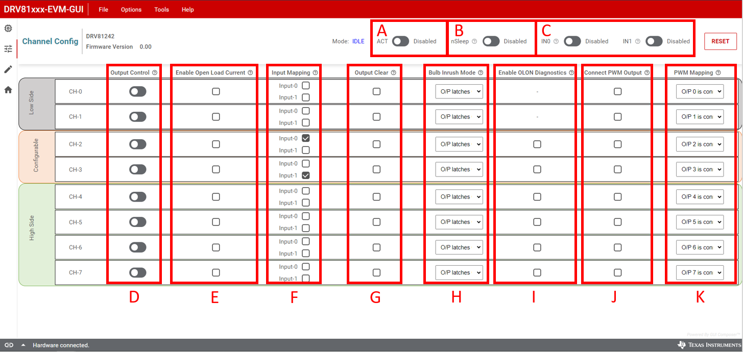 DRV81008-Q1EVM, DRV81602-Q1EVM, DRV81242-Q1EVM,  DRV81242-Q1 GUI Channel
                    Configuration Page