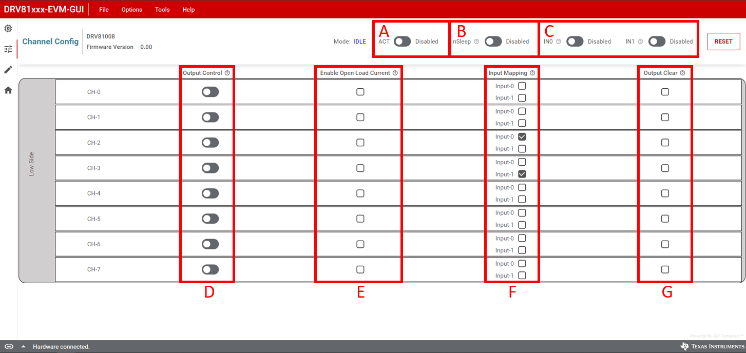 DRV81008-Q1EVM, DRV81602-Q1EVM, DRV81242-Q1EVM,  DRV81008-Q1 GUI Channel
                    Configuration Page