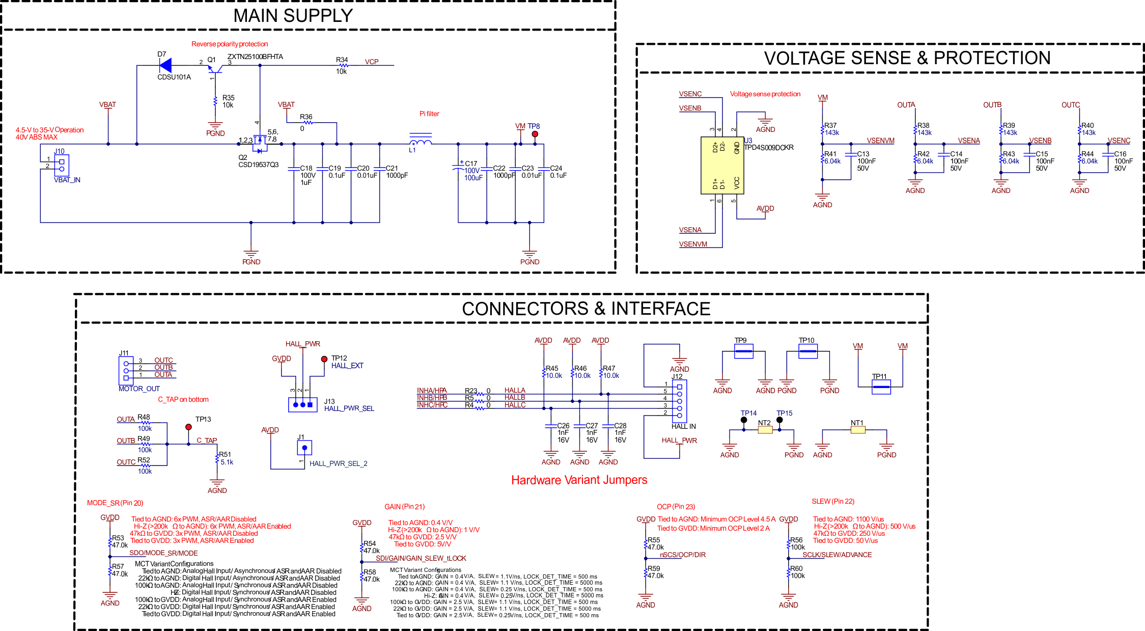 DRV8376EVM DRV8376EVM Schematic - Main supply, Voltage Sense & Protection, and Connectors & Interface