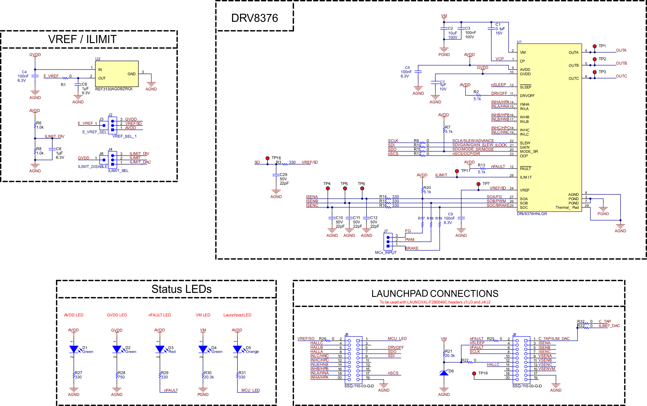 DRV8376EVM DRV8376EVM - IC, VREF/ILIMT, Status LEDs, and Launchpad Connections