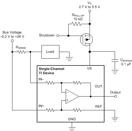 INA181-Q1 INA2181-Q1 INA4181-Q1 Basic Circuit to Shut Down the INA181-Q1 With a Grounded Reference