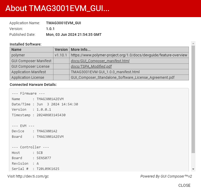 TMAG3001EVM Firmware
                                    Revision Version in GUI About Screen