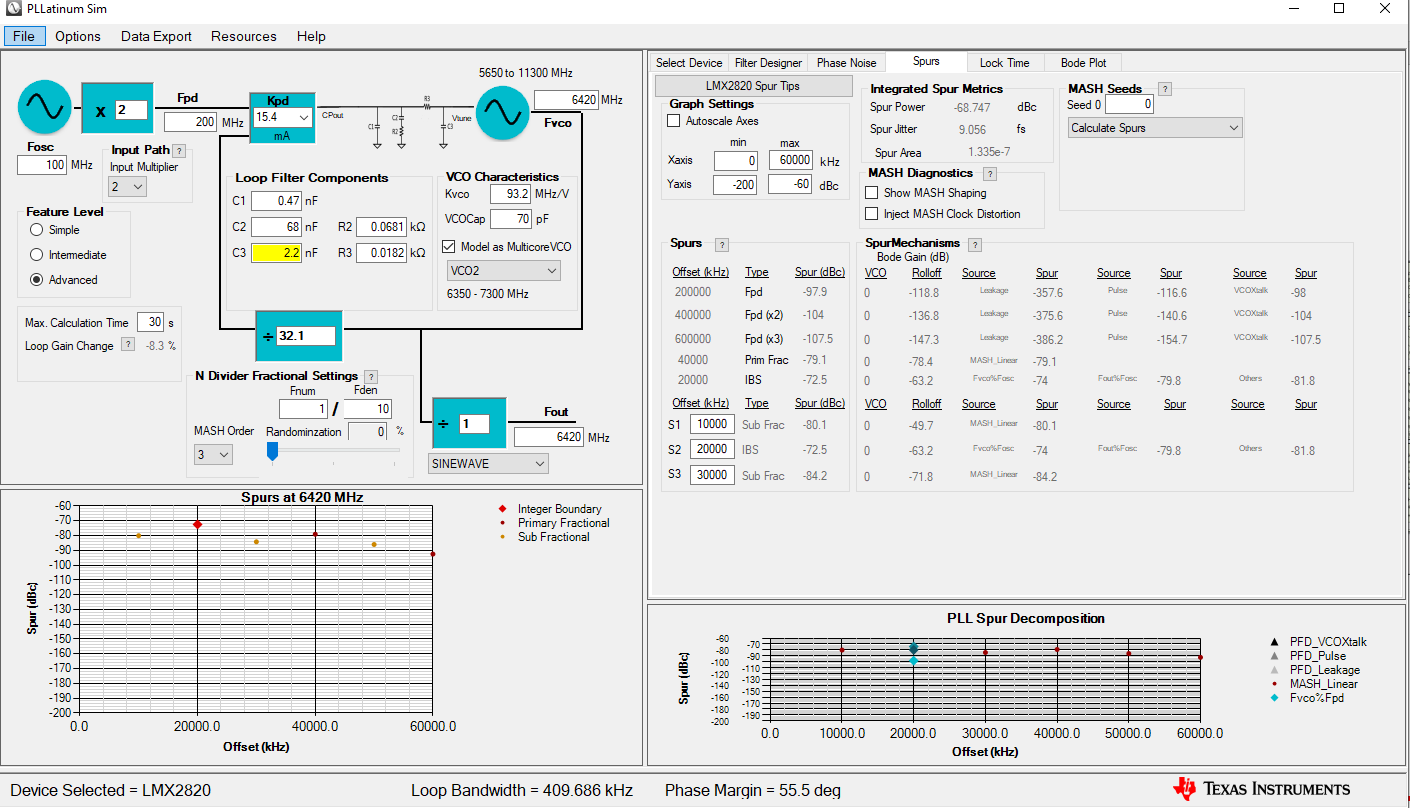 LMX2820 Third Order (PLLatinum sim
                    Setting Snapshot)