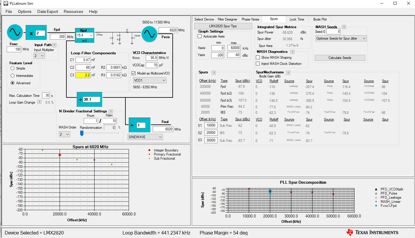 LMX2820 Second Order MASH (PLLatinum
                    sim Setting Snapshot)