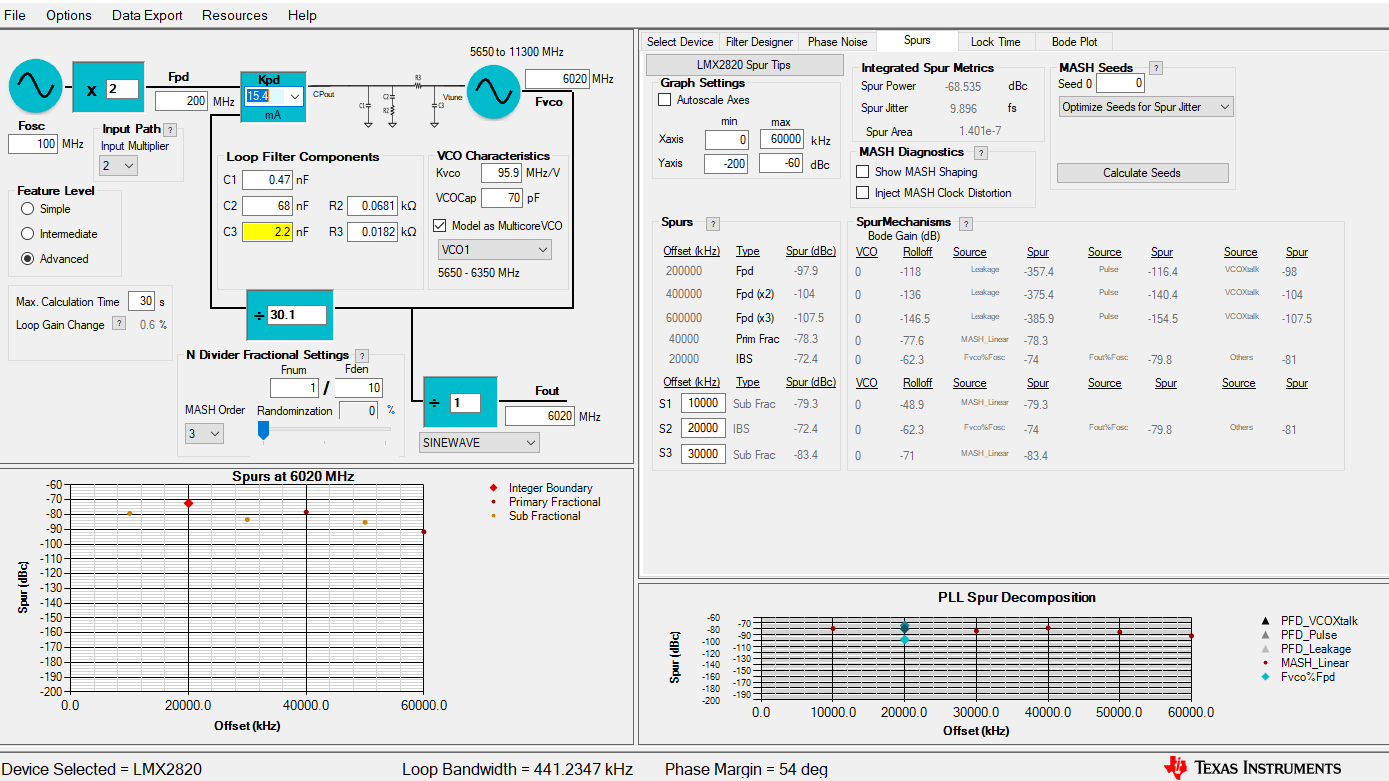 LMX2820 Third Order (PLLatinum sim
                    Setting Snapshot)