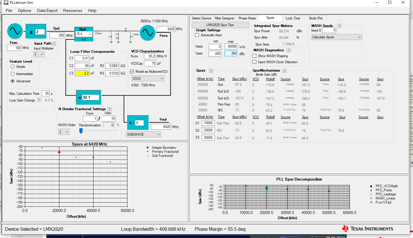 LMX2820 Second Order (PLLatinum sim
                    Setting Snapshot)