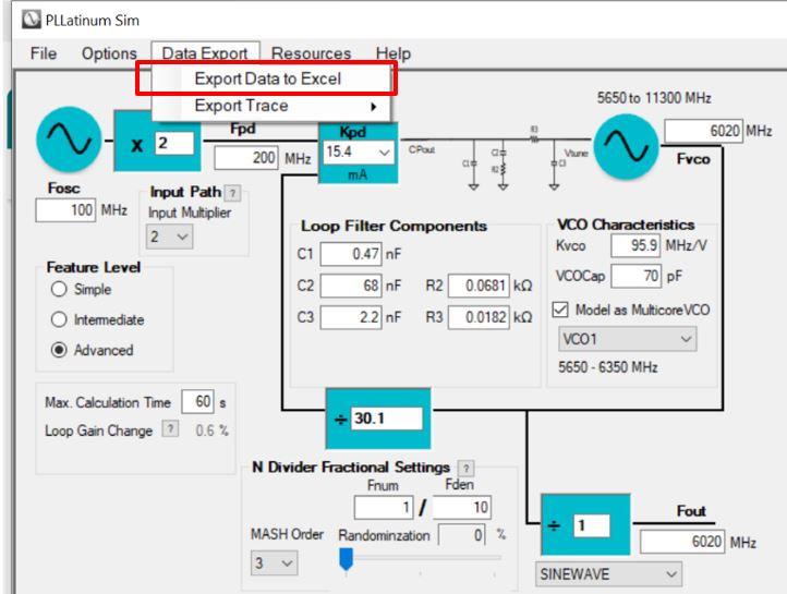 LMX2820 MASH Pattern Export Option in
                    PLLatinum Sim