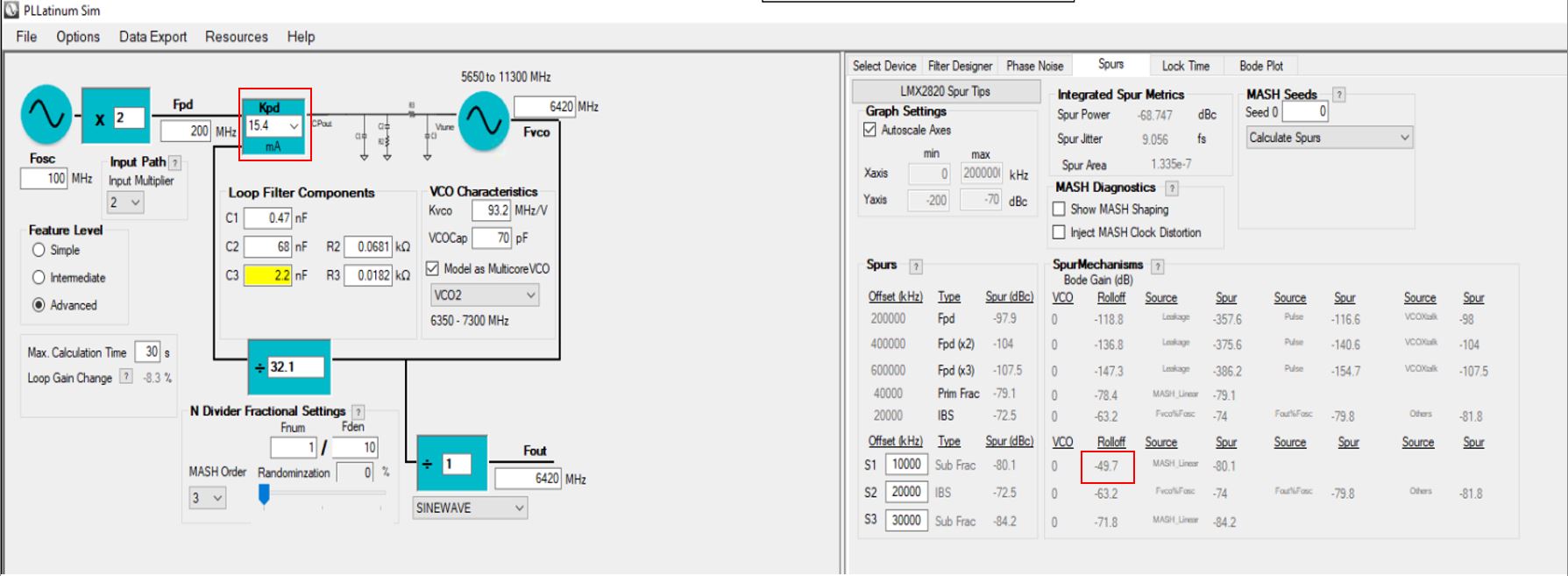 LMX2820 Roll-off value at 10MHz offset
                    with Charge pump gain of 15.4mA