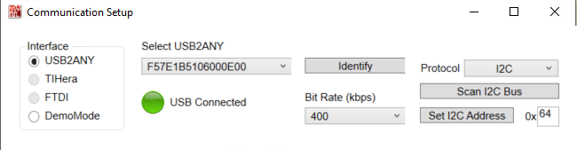 LMK5C33216AEVM Communication Setup Window
                    (Changing from I2C to SPI)