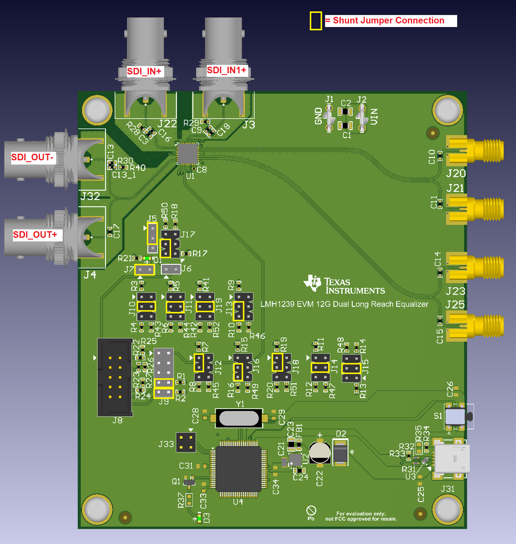 LMH1239EVM LMH1239 EVM
                                        Inputs, Outputs and Default Pin Shunt Configurations