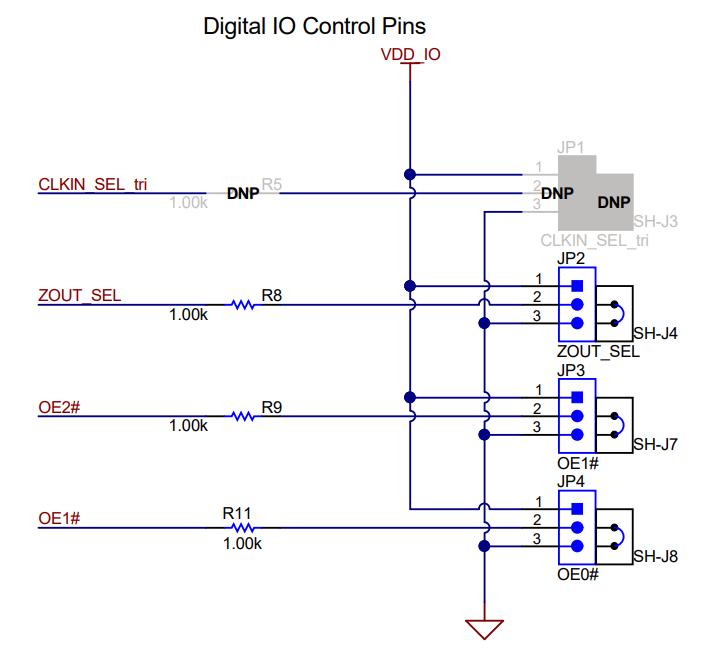 LMKDB1102EVM, LMKDB1202EVM Output Enable Pins (OE#) and LMKDB1102
          Logic I/O Jumpers