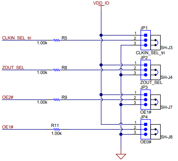 LMKDB1102EVM, LMKDB1202EVM Output Enable Pins (OE#) and LMKDB1202
          Logic I/O Jumpers