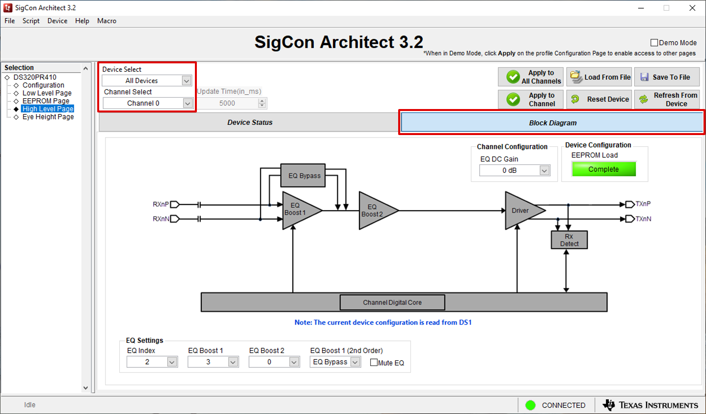  High Level Page: Block
                            Diagram Tab, Device and Channel Select