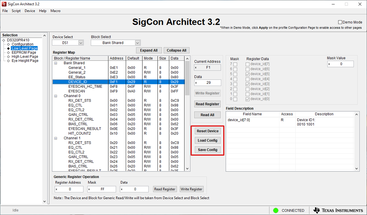  Low Level Page: Reset,
                            Load, and Save Device Configuration Buttons