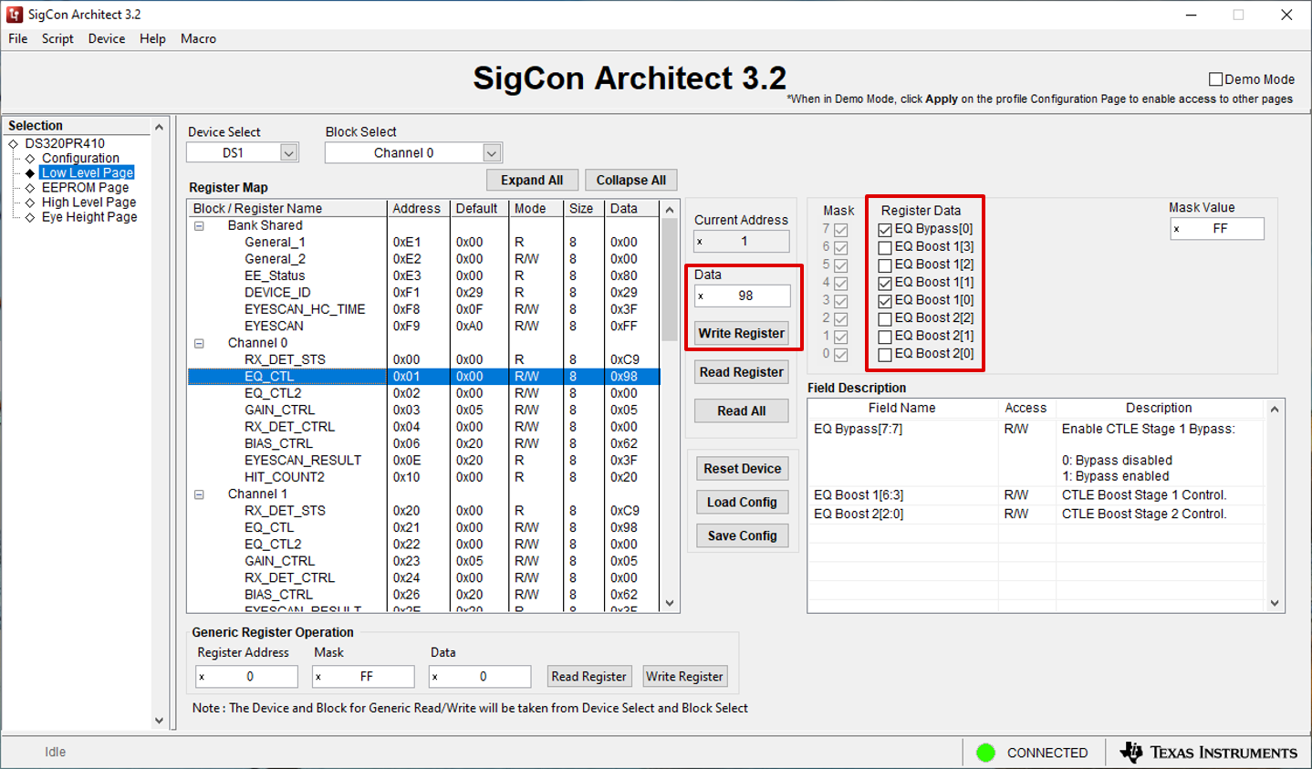  Low Level Page: Data
                            Field and Write Register Button